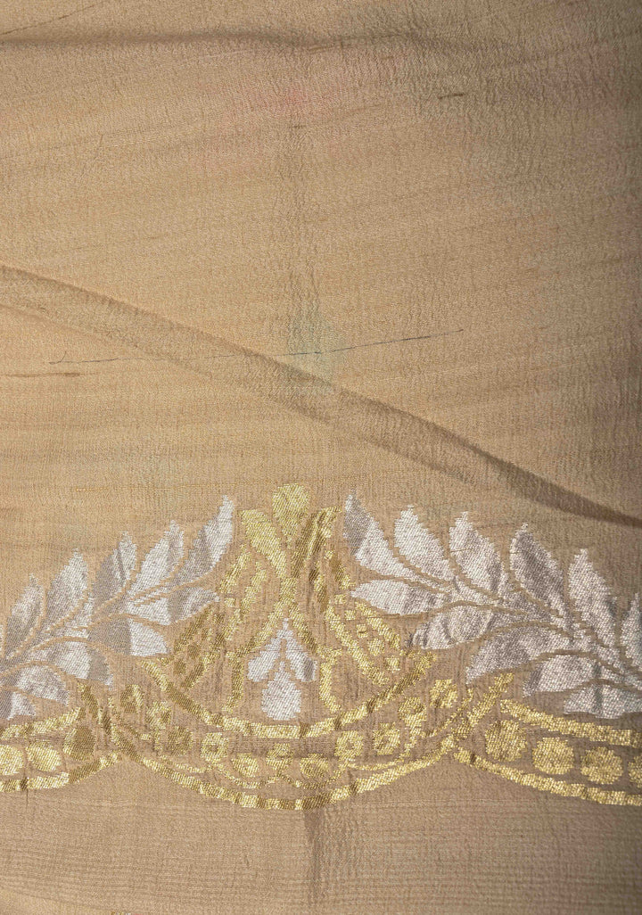 Beige Banarasi Tussar Georgette Saree with Meenakari Floral Jaal and Scallop Zari Border | SILK MARK CERTIFIED | Shobitam