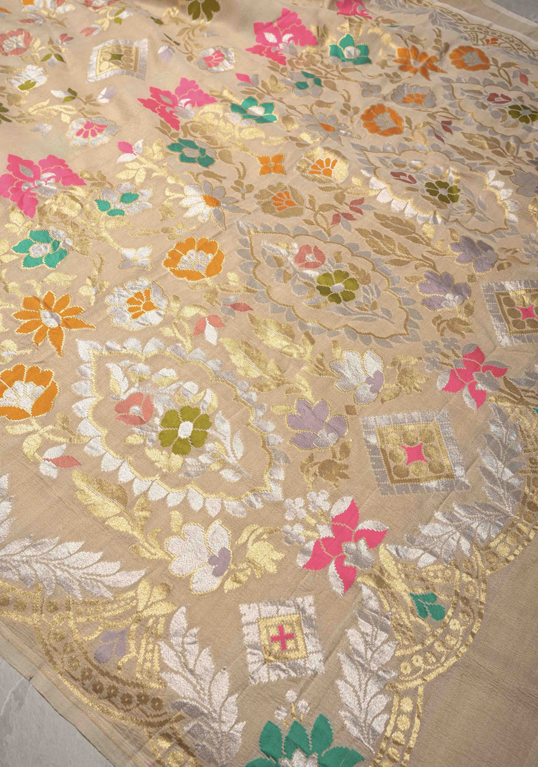 Beige Banarasi Tussar Georgette Saree with Meenakari Floral Jaal and Scallop Zari Border | SILK MARK CERTIFIED | Shobitam