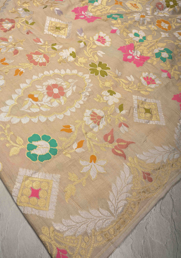 Beige Banarasi Tussar Georgette Saree with Meenakari Floral Jaal and Scallop Zari Border | SILK MARK CERTIFIED | Shobitam
