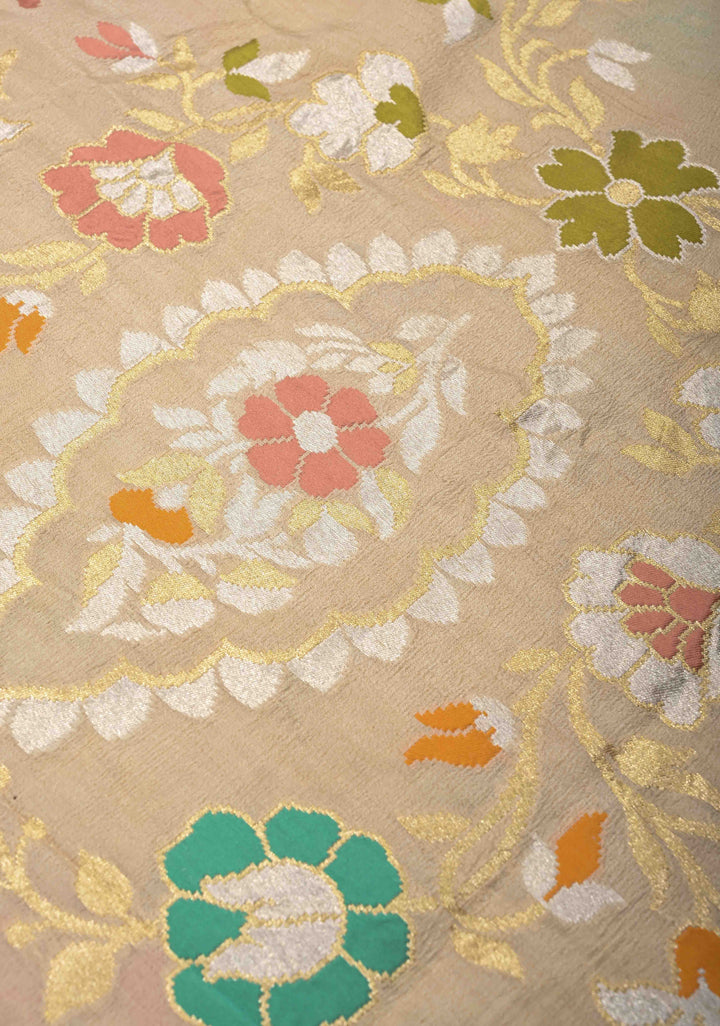 Beige Banarasi Tussar Georgette Saree with Meenakari Floral Jaal and Scallop Zari Border | SILK MARK CERTIFIED | Shobitam