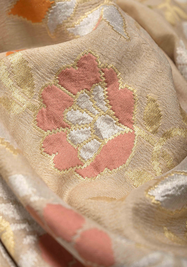 Beige Banarasi Tussar Georgette Saree with Meenakari Floral Jaal and Scallop Zari Border | SILK MARK CERTIFIED | Shobitam