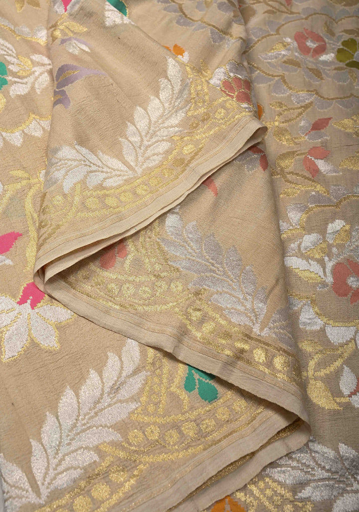 Beige Banarasi Tussar Georgette Saree with Meenakari Floral Jaal and Scallop Zari Border | SILK MARK CERTIFIED | Shobitam