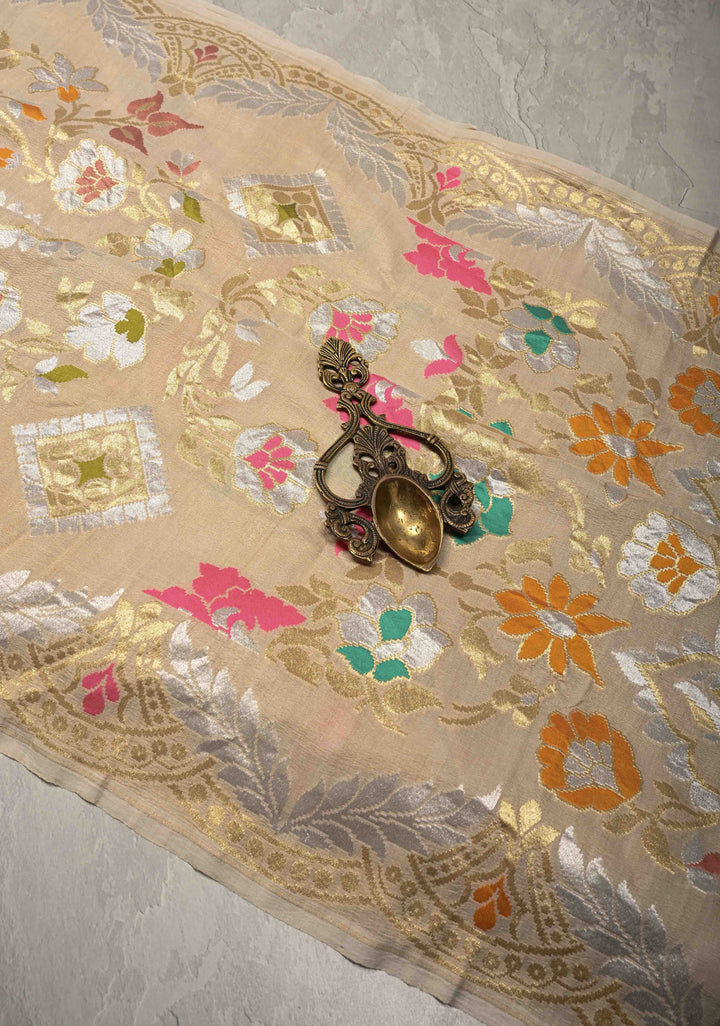 Beige Banarasi Tussar Georgette Saree with Meenakari Floral Jaal and Scallop Zari Border | SILK MARK CERTIFIED | Shobitam