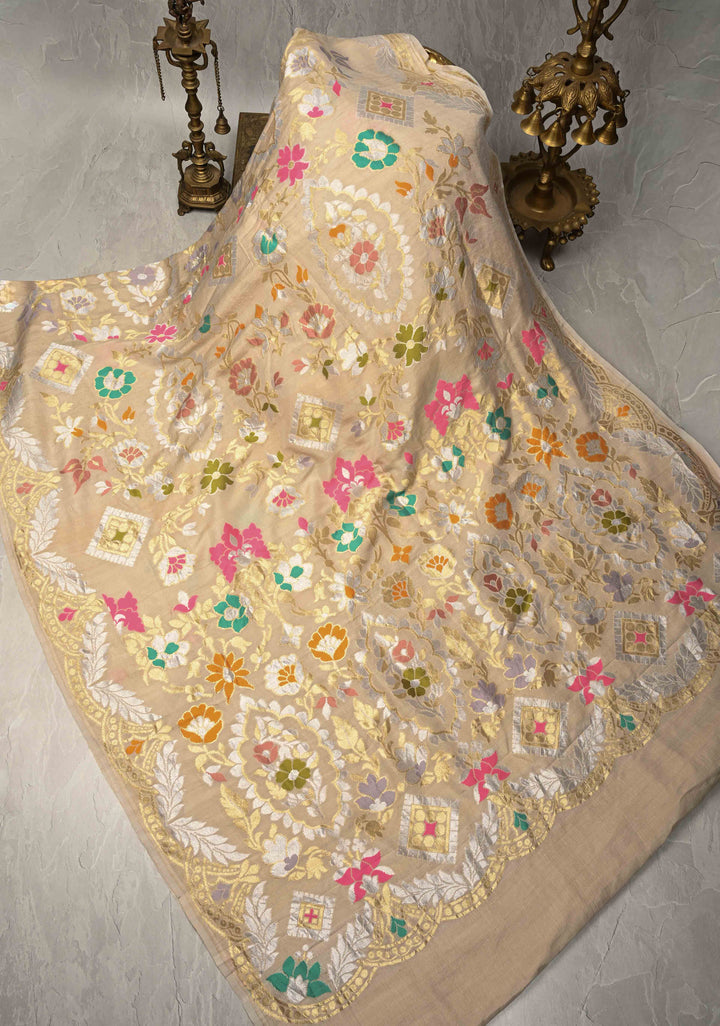 Beige Banarasi Tussar Georgette Saree with Meenakari Floral Jaal and Scallop Zari Border | SILK MARK CERTIFIED | Shobitam