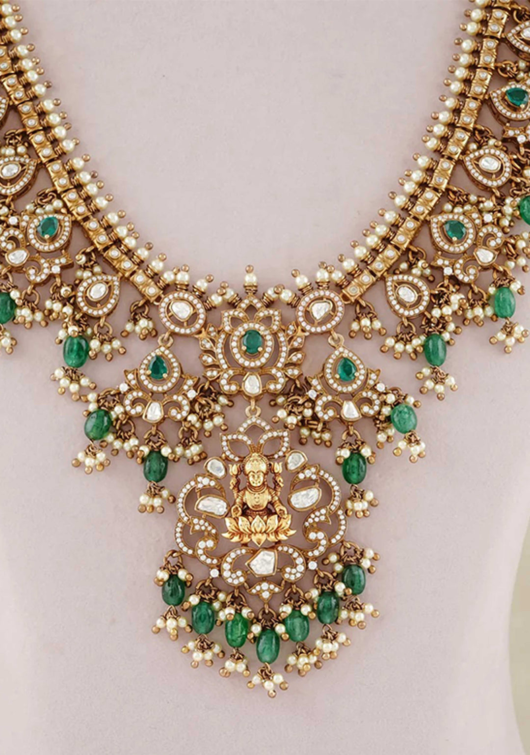 Antique Finish Long Necklace Set good with Gajalakshmi Pendant | Shobitam Jewelry