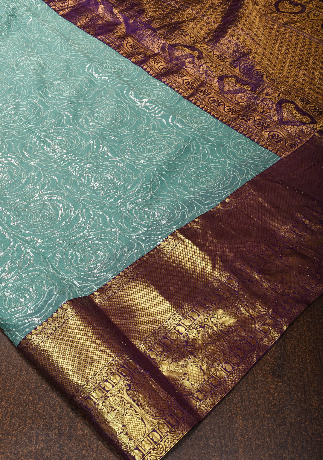 Green Cyan Jaal stunning fusion saree with dainty self sequins and wide Kanjivaram Purple Contrast Border