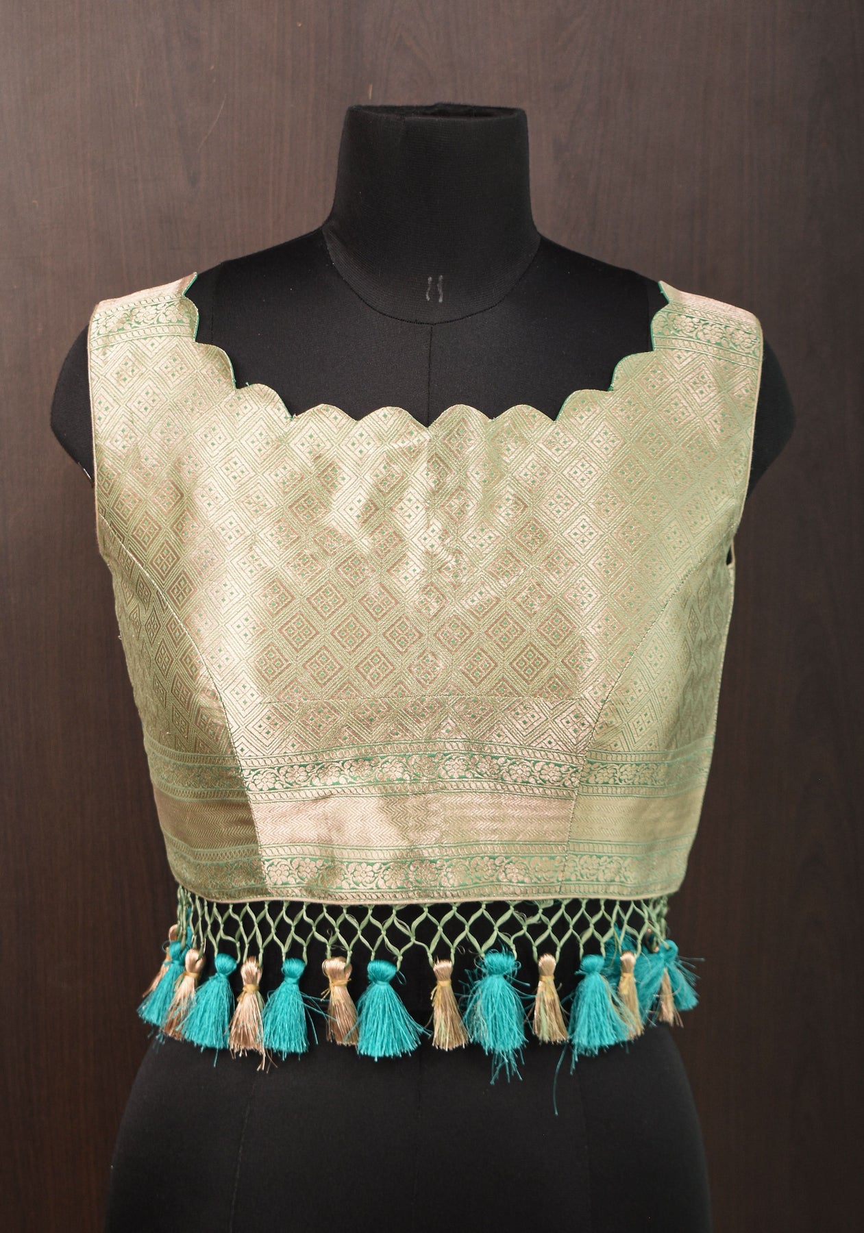 Size:36 Pure Silk Brocade Scallop neck Blouse with tassels in Aqua