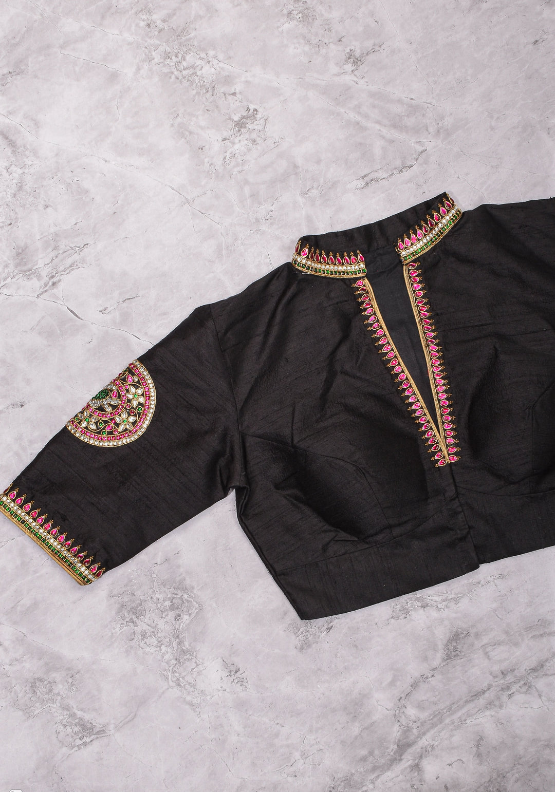 Black Raw Silk Blouse with Collar neck with Jadau Mandala