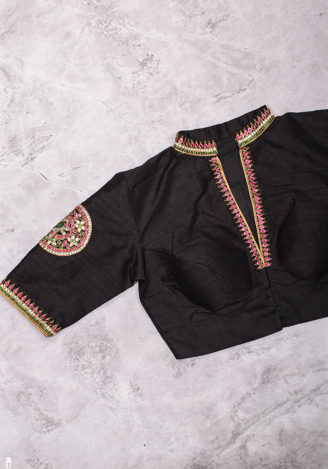 Black Raw Silk Blouse with Collar neck with Jadau Mandala