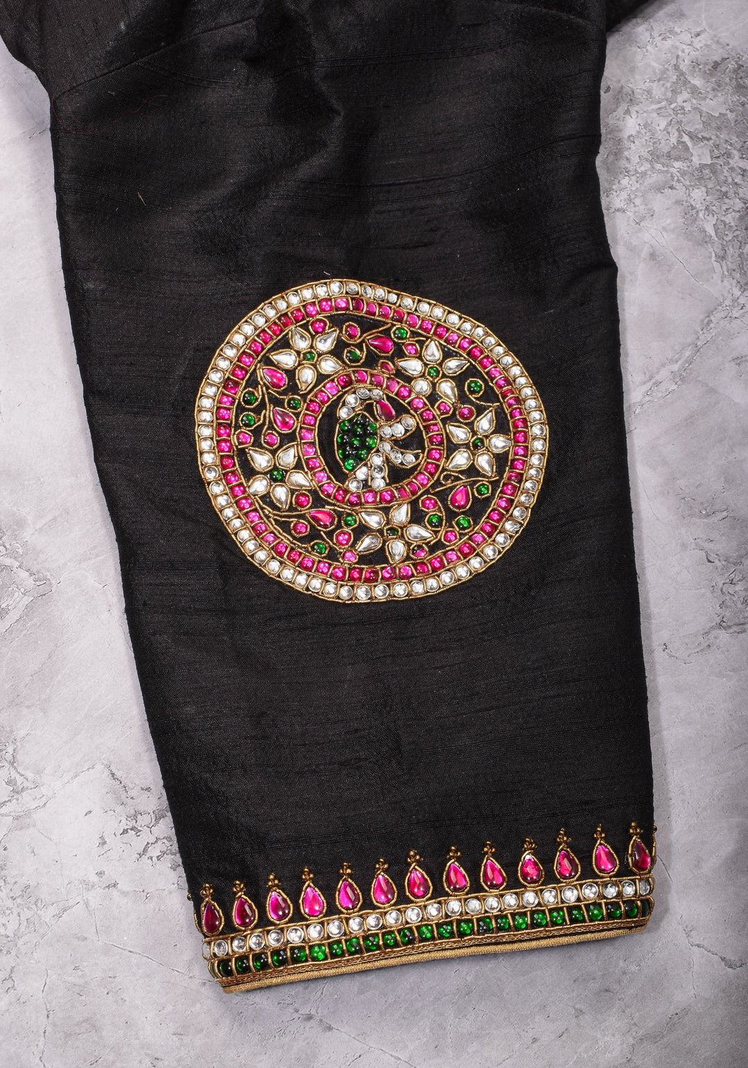 Black Raw Silk Blouse with Collar neck with Jadau Mandala