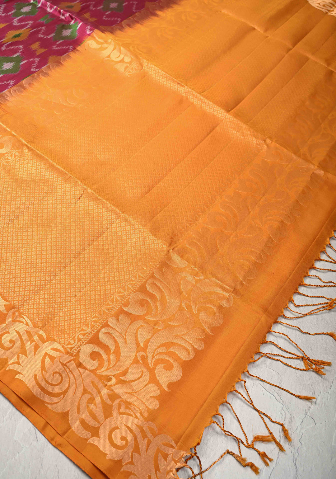 Raspberry Fusion Ikkat Kanjivaram Soft Silk Saree with Weave Jaal and Zari Border | SILK MARK CERTIFIED