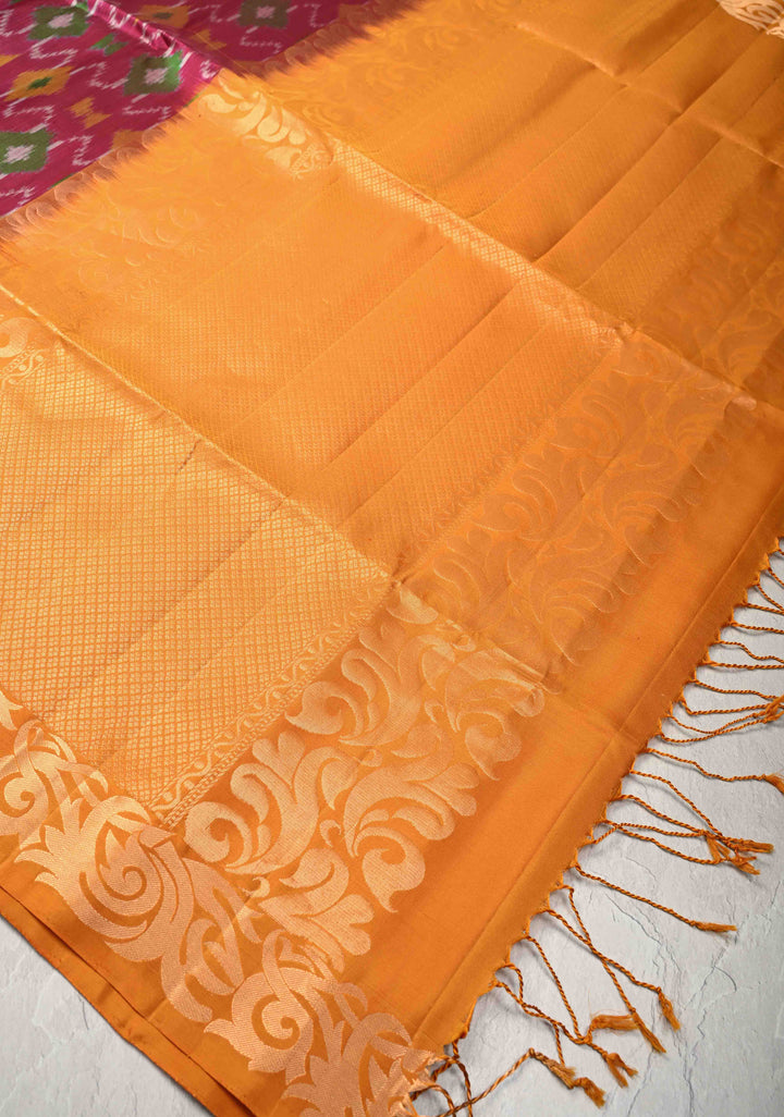 Raspberry Fusion Ikkat Kanjivaram Soft Silk Saree with Weave Jaal and Zari Border | SILK MARK CERTIFIED