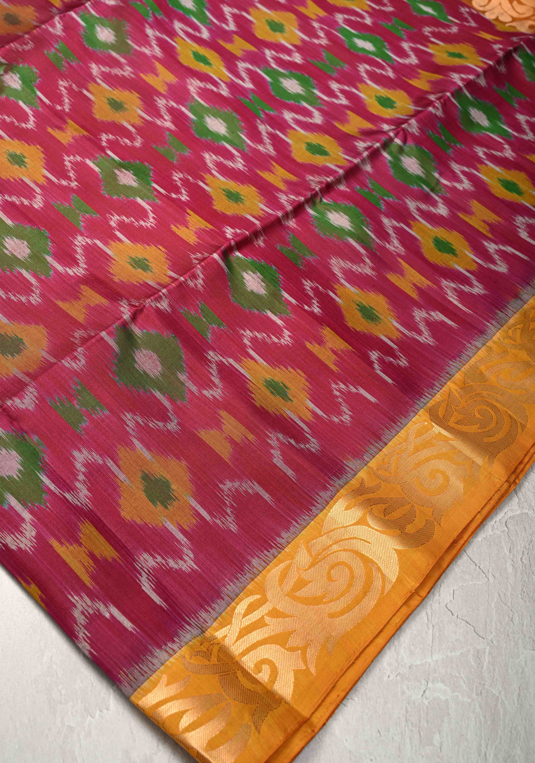 Raspberry Fusion Ikkat Kanjivaram Soft Silk Saree with Weave Jaal and Zari Border | SILK MARK CERTIFIED