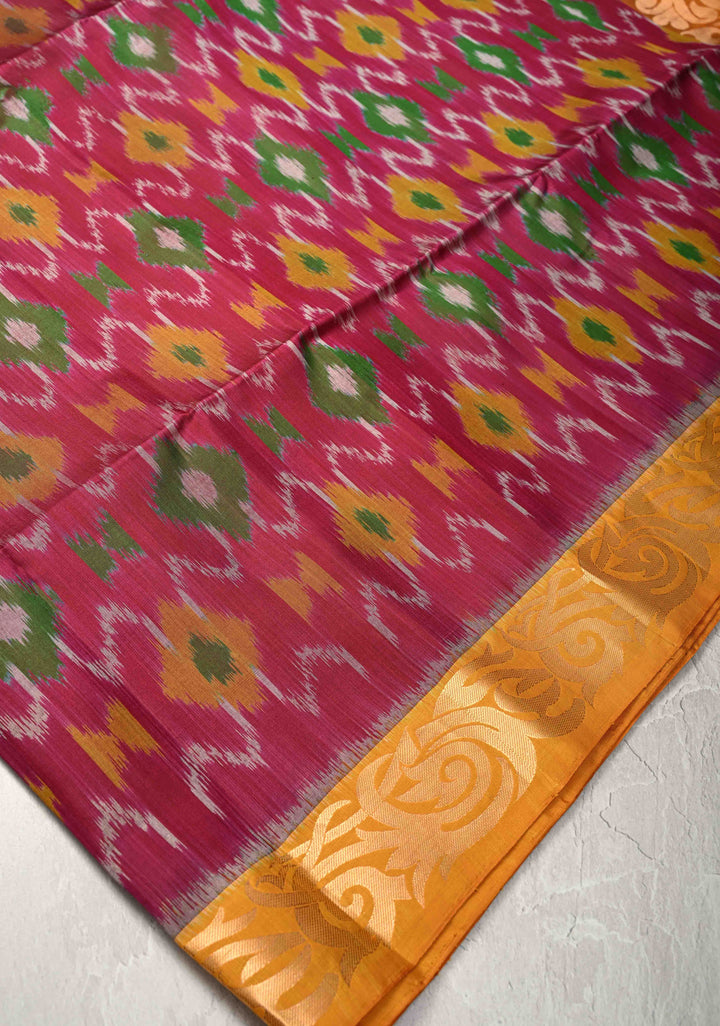 Raspberry Fusion Ikkat Kanjivaram Soft Silk Saree with Weave Jaal and Zari Border | SILK MARK CERTIFIED