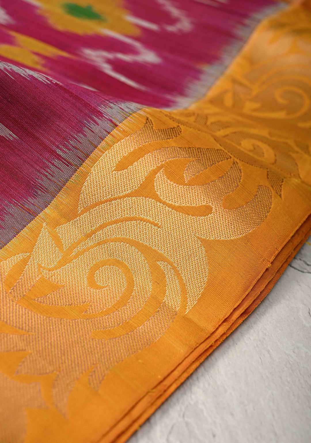 Raspberry Fusion Ikkat Kanjivaram Soft Silk Saree with Weave Jaal and Zari Border | SILK MARK CERTIFIED