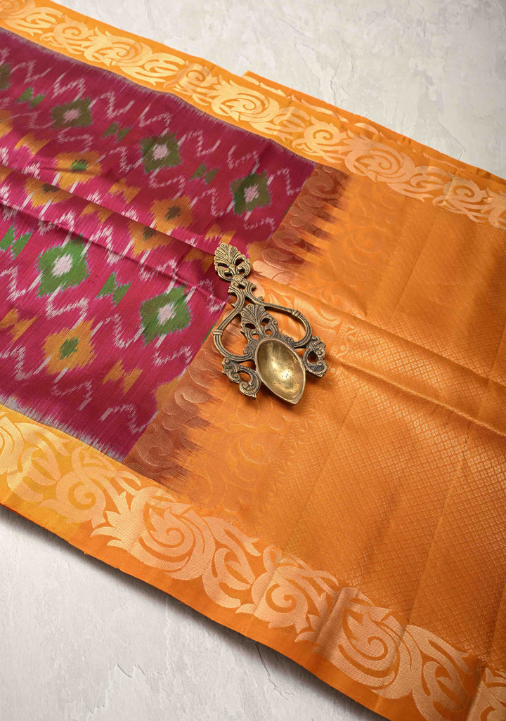 Raspberry Fusion Ikkat Kanjivaram Soft Silk Saree with Weave Jaal and Zari Border | SILK MARK CERTIFIED