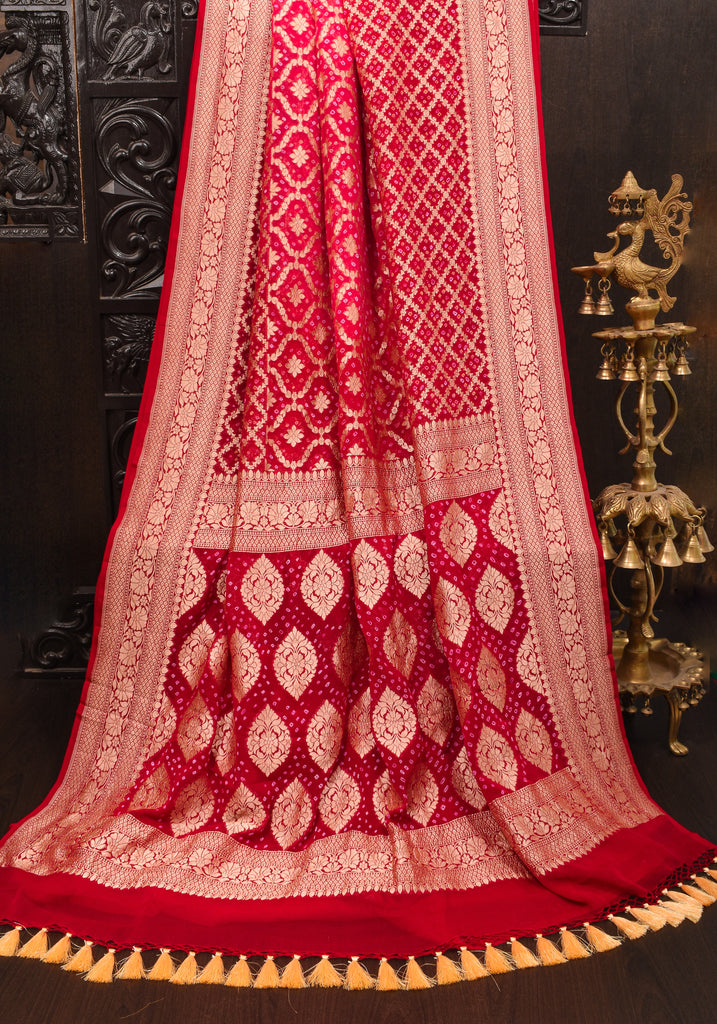 Red Banarasi Georgette Saree With GoldZari Jaal Work| Red Wedding Saree