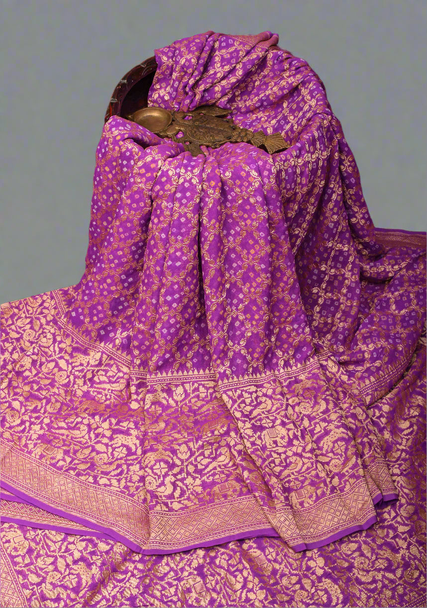 Lavender Authentic Hand Bandhej Banarasi Silk Georgette Saree with  Shikargah Skirt Border | SILK MARK CERTIFIED