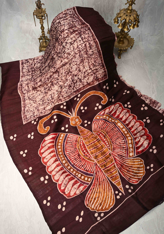 Bishnupuri Silk Saree with Floral Hand Wax Batik Silk Saree in Beige and Brown | SILK MARK CERTIFIED