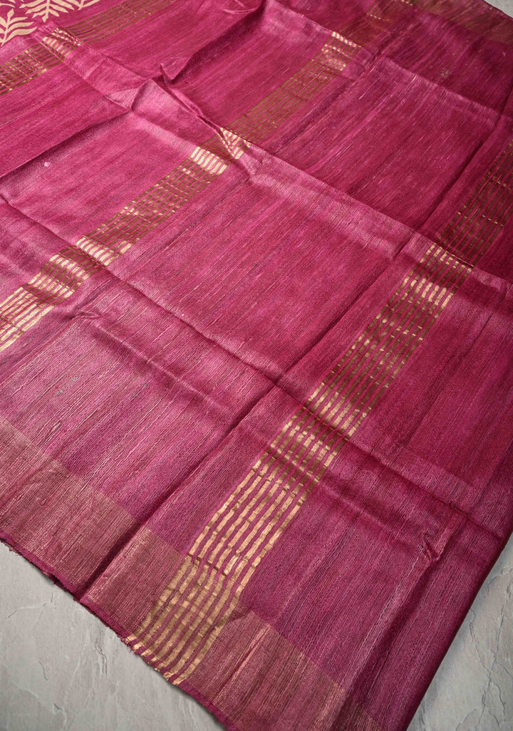 Mustard Authentic Hand Block Print on Geecha Tussar silk saree with Zari Border  | SILK MARK CERTIFIED