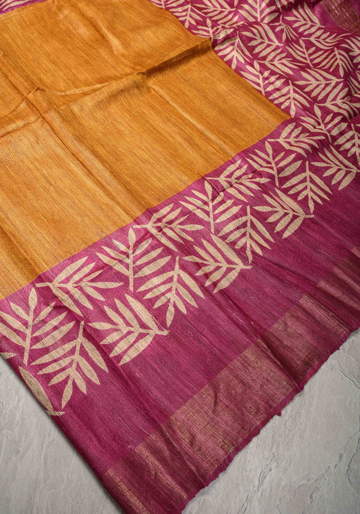 Mustard Authentic Hand Block Print on Geecha Tussar silk saree with Zari Border  | SILK MARK CERTIFIED