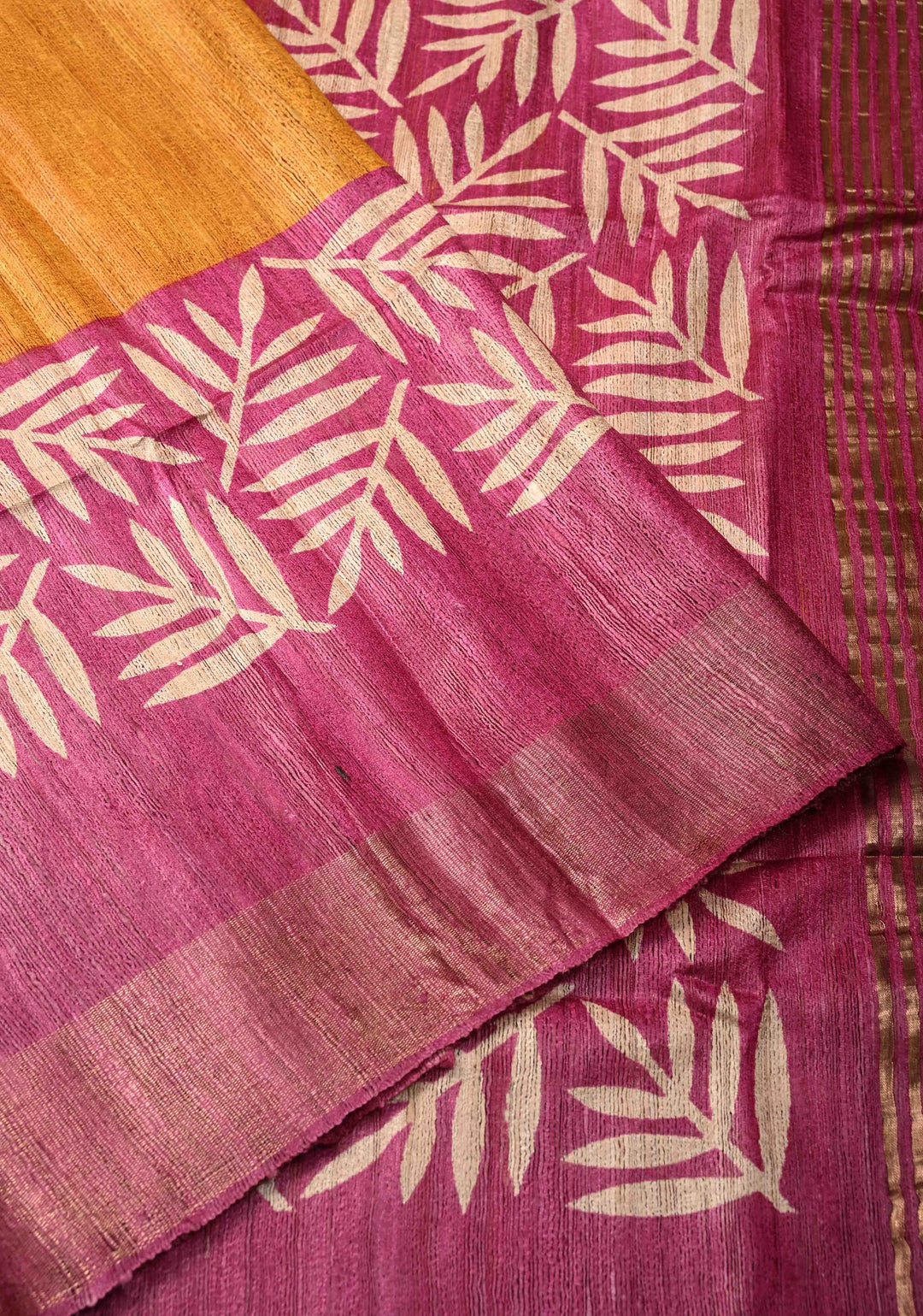 Mustard Authentic Hand Block Print on Geecha Tussar silk saree with Zari Border  | SILK MARK CERTIFIED
