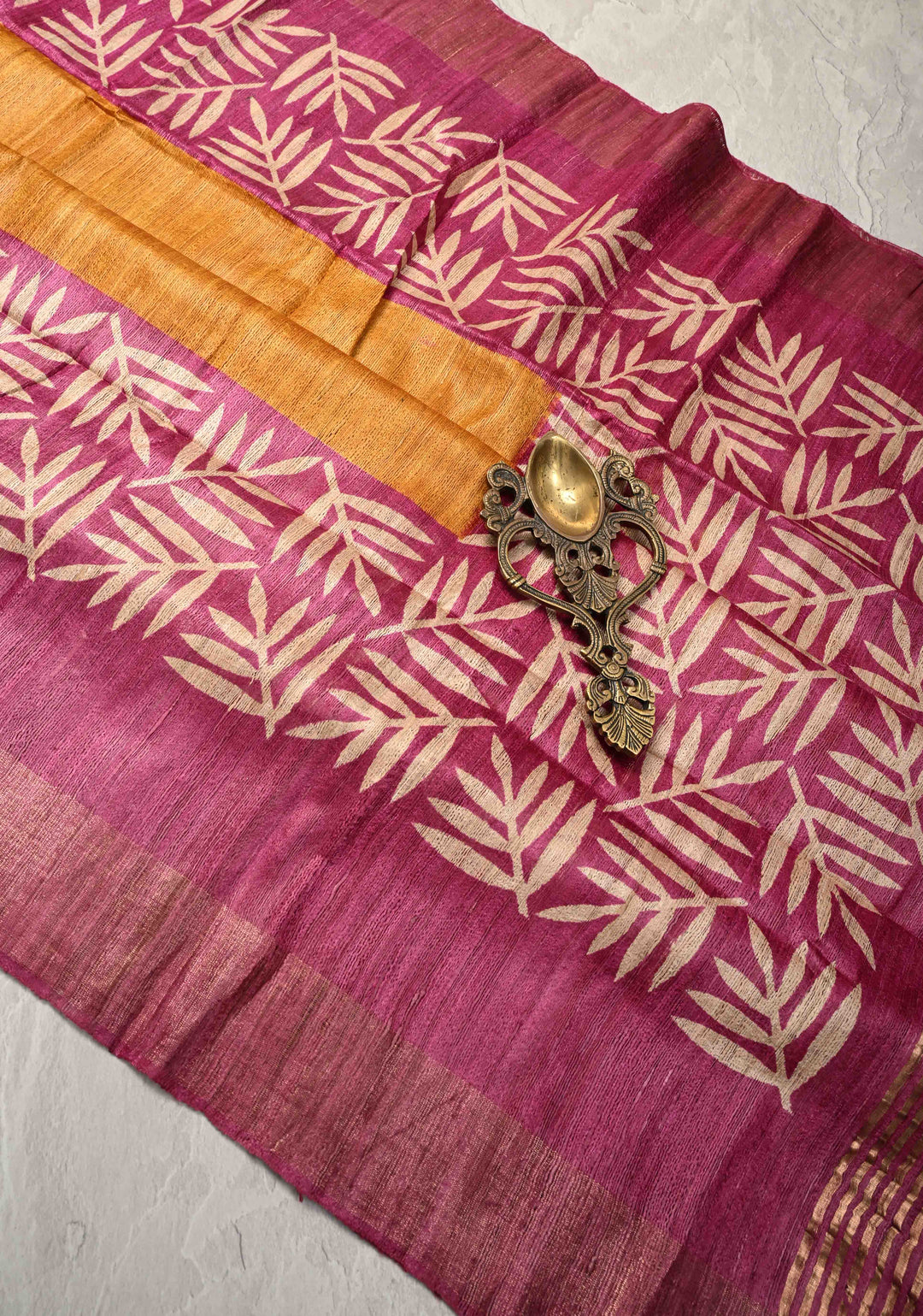 Mustard Authentic Hand Block Print on Geecha Tussar silk saree with Zari Border  | SILK MARK CERTIFIED