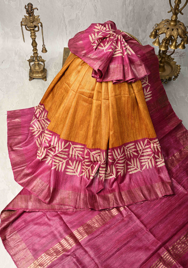 Mustard Authentic Hand Block Print on Geecha Tussar silk saree with Zari Border  | SILK MARK CERTIFIED