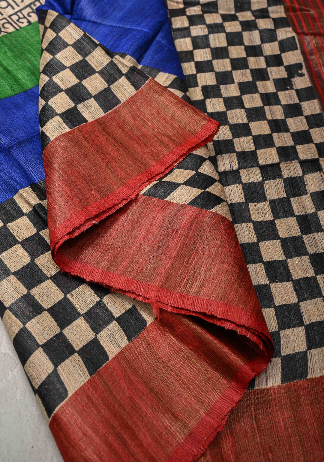 Multicolor Authentic Hand Block Print on Geecha Tussar silk saree with Zari Border  | SILK MARK CERTIFIED