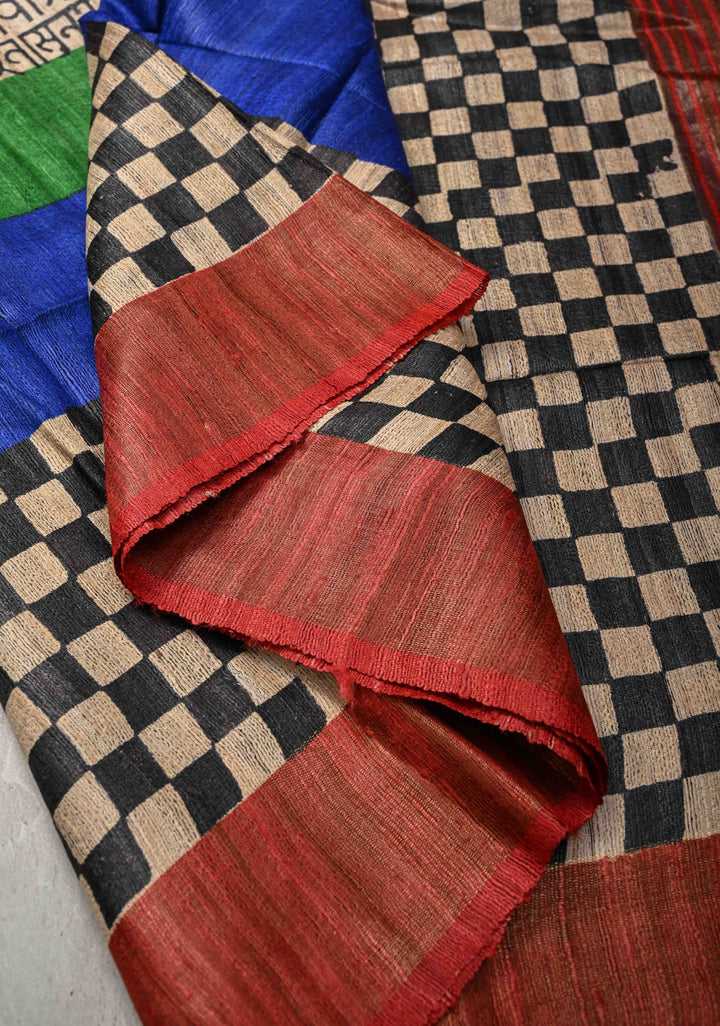 Multicolor Authentic Hand Block Print on Geecha Tussar silk saree with Zari Border  | SILK MARK CERTIFIED
