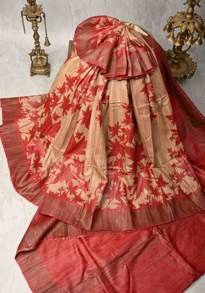 Light Brown Authentic Hand Block Print on Geecha Tussar | SILK MARK CERTIFIED