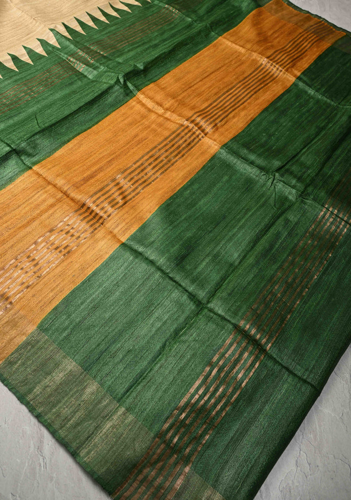 Geecha Tussar Beige Silk Saree with Ganga Jamuna Border | SILK MARK CERTIFIED