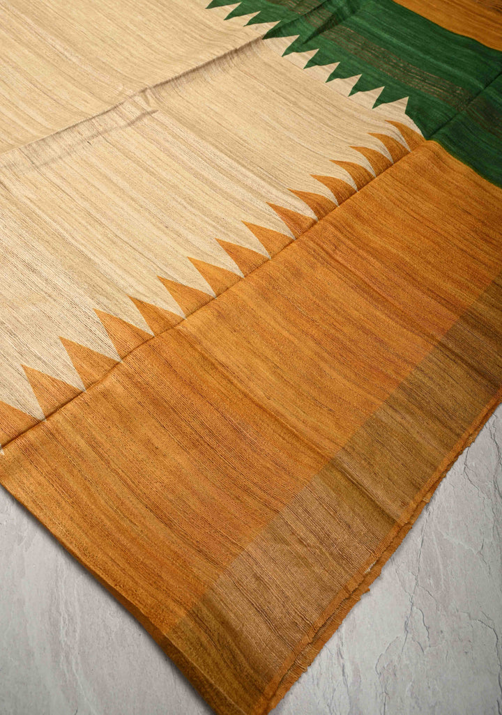 Geecha Tussar Beige Silk Saree with Ganga Jamuna Border | SILK MARK CERTIFIED