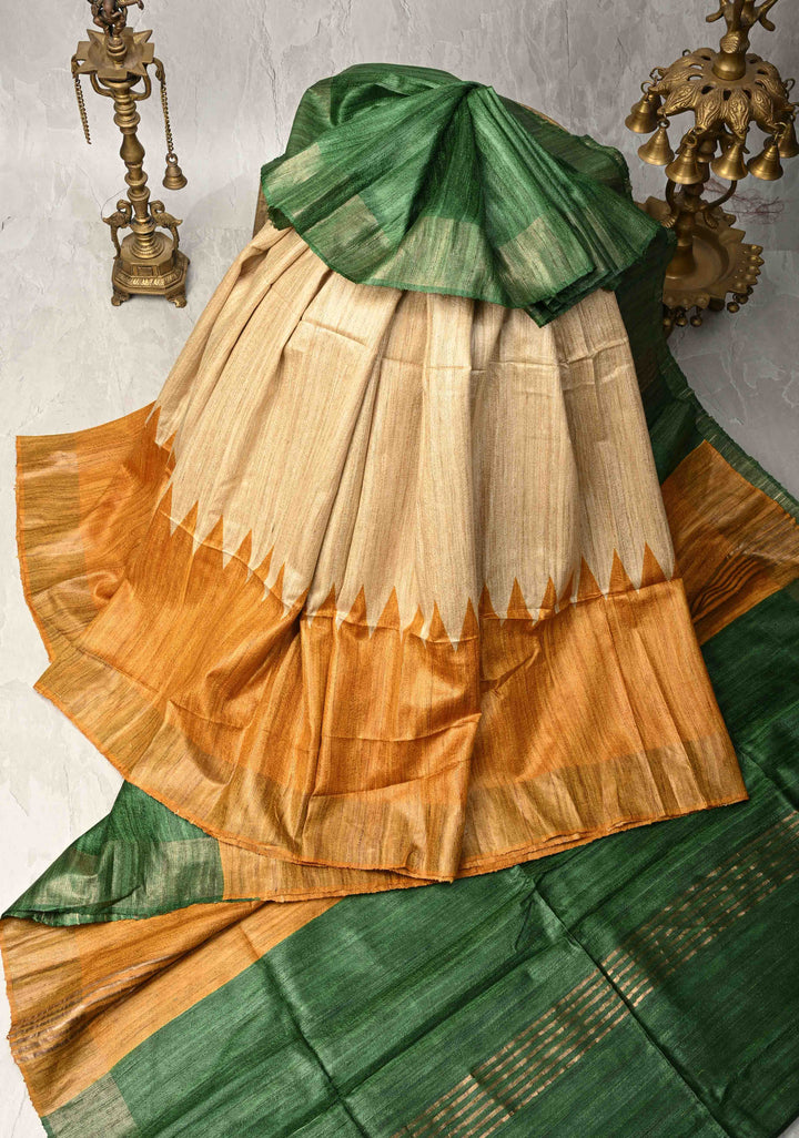 Geecha Tussar Beige Silk Saree with Ganga Jamuna Border | SILK MARK CERTIFIED