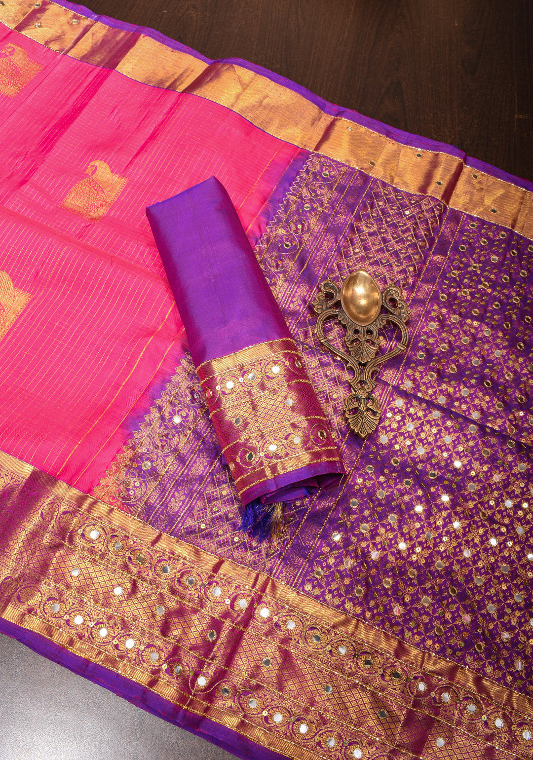 Handwork Pink Pure Silk Kanjivaram Saree with  Sequins Cutdana Mirror Work on Borders and Pallu  | SILK MARK CERTIFIED