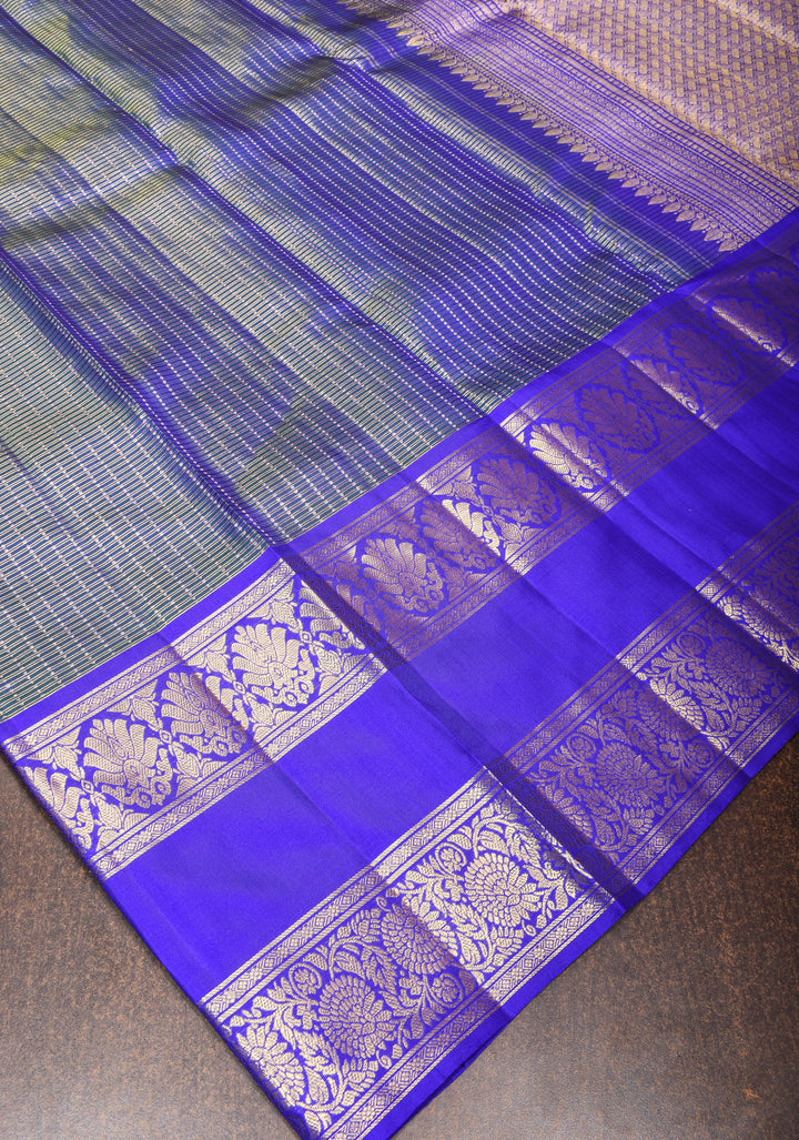 Exquisite Peacock Blue Dual Tone Zari Checks Kanjivaram Pure Silk saree with 2 Side Wide Border | SILK MARK CERTIFIED