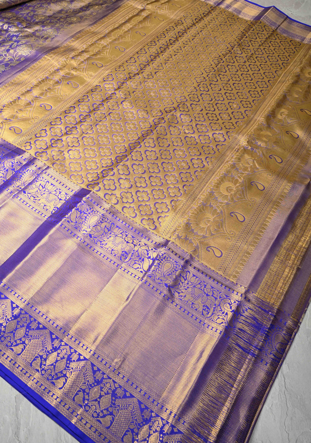 Blue Floral Brocade Tissue Kanjivaram Handloom Silk Saree with Wide Zari Border | SILK MARK CERTIFIED