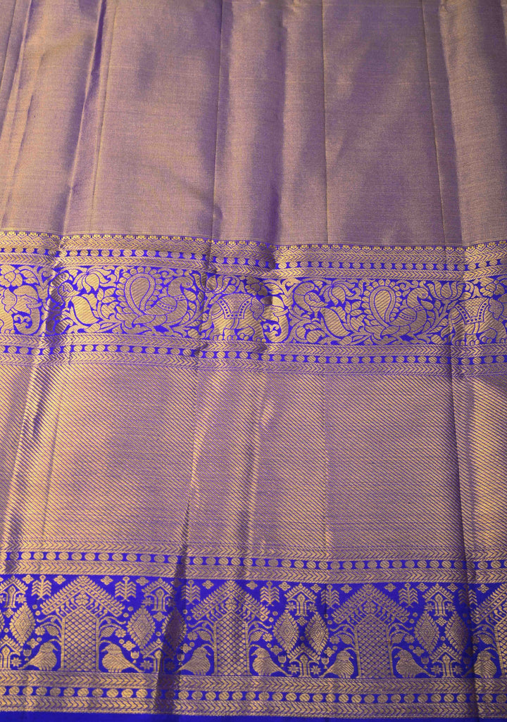 Blue Floral Brocade Tissue Kanjivaram Handloom Silk Saree with Wide Zari Border | SILK MARK CERTIFIED