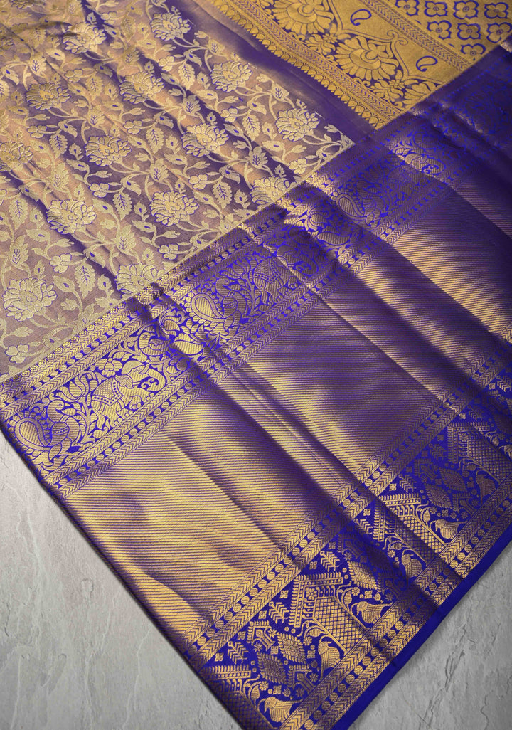 Blue Floral Brocade Tissue Kanjivaram Handloom Silk Saree with Wide Zari Border | SILK MARK CERTIFIED