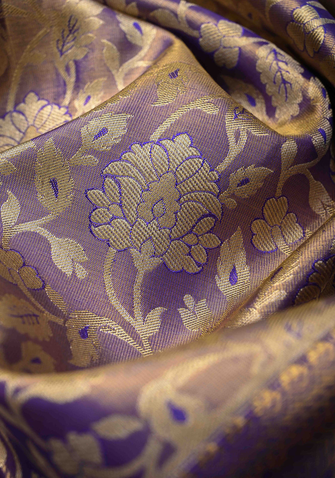 Blue Floral Brocade Tissue Kanjivaram Handloom Silk Saree with Wide Zari Border | SILK MARK CERTIFIED