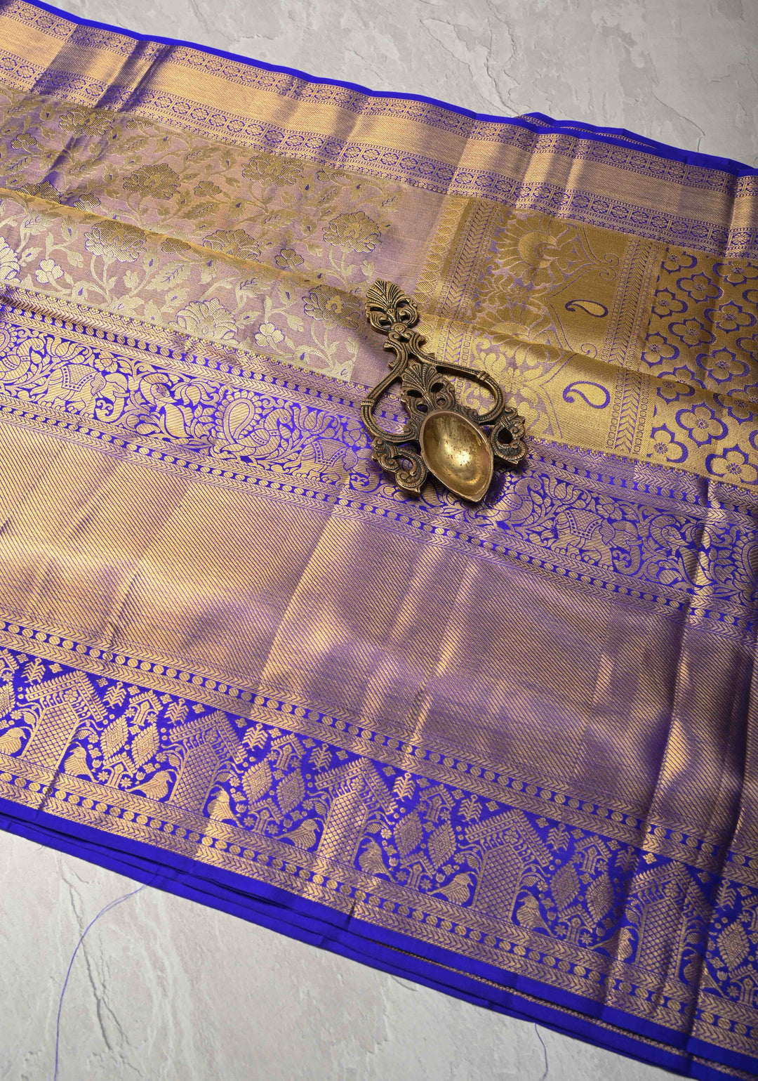 Blue Floral Brocade Tissue Kanjivaram Handloom Silk Saree with Wide Zari Border | SILK MARK CERTIFIED