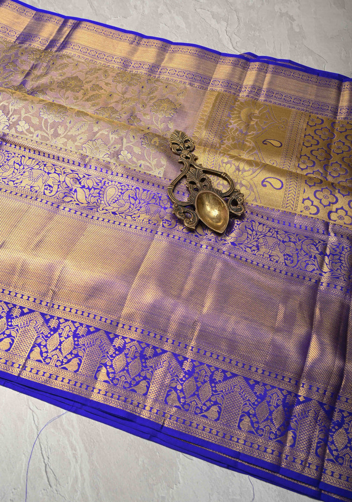 Blue Floral Brocade Tissue Kanjivaram Handloom Silk Saree with Wide Zari Border | SILK MARK CERTIFIED