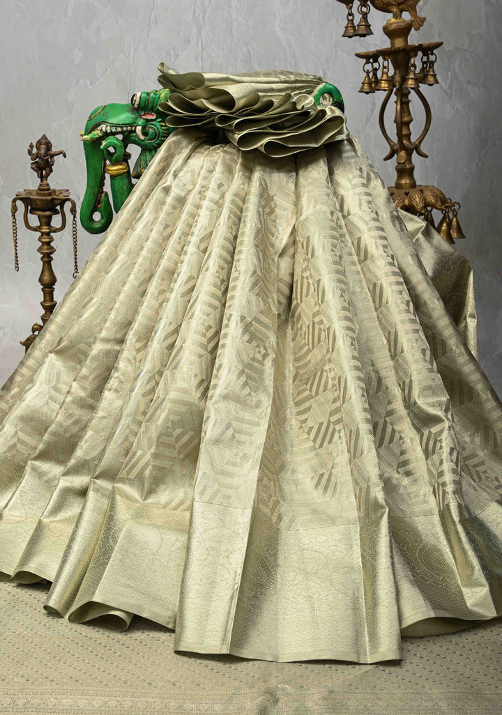 Sage Green Meenakari on Kanjivaram Tissue Silk Saree with Geometric Self Brocade and Zari Border | SILK MARK CERTIFIED