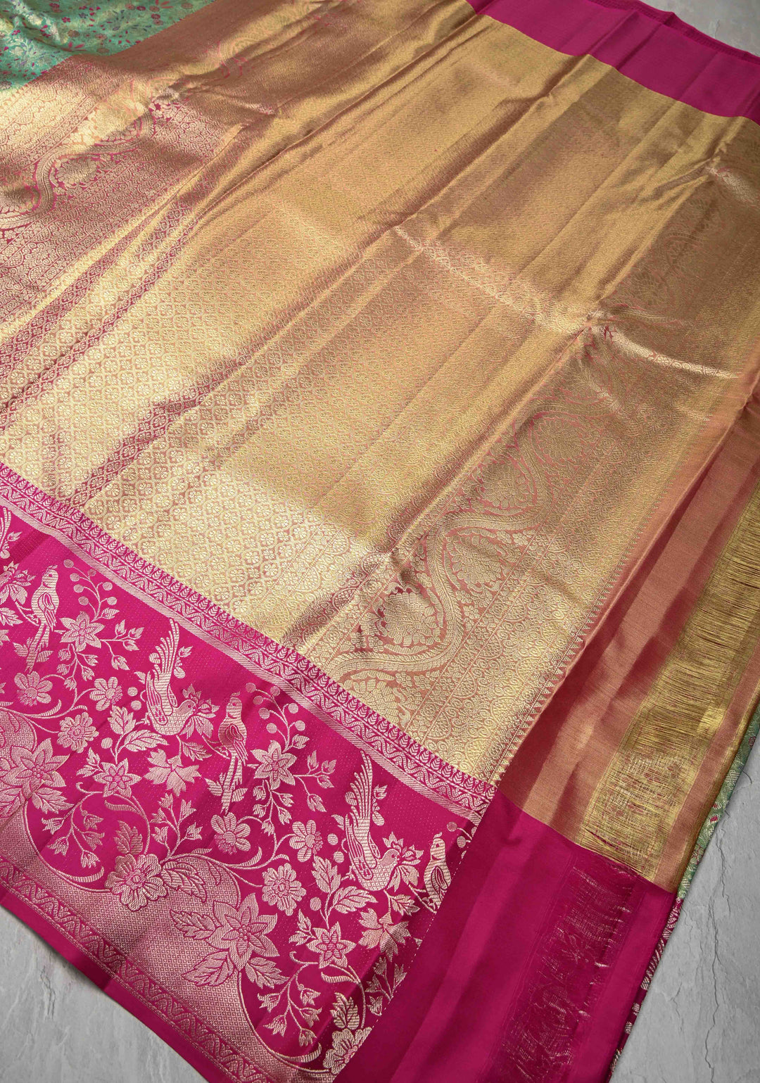 Green Tissue Kanjivaram Silk Saree with Meenakari Floral Brocade Jaal and Contrast Parsi Gara Border | SILK MARK CERTIFIED