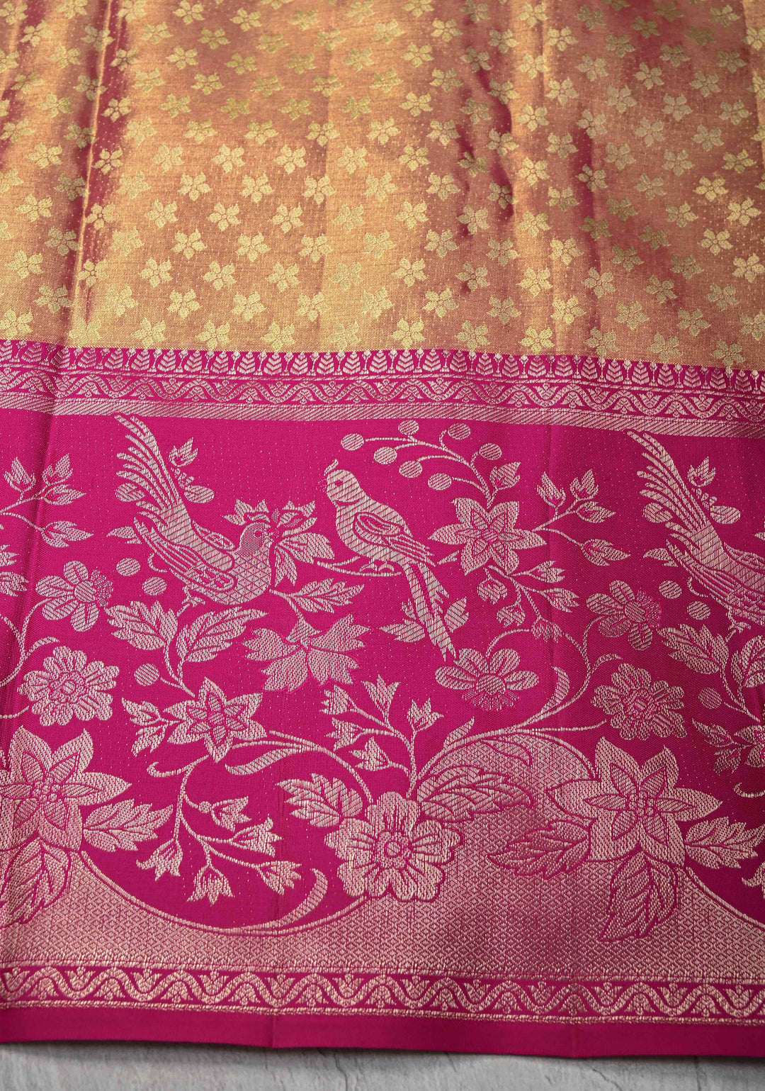 Green Tissue Kanjivaram Silk Saree with Meenakari Floral Brocade Jaal and Contrast Parsi Gara Border | SILK MARK CERTIFIED