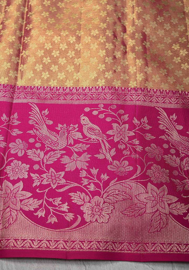Green Tissue Kanjivaram Silk Saree with Meenakari Floral Brocade Jaal and Contrast Parsi Gara Border | SILK MARK CERTIFIED