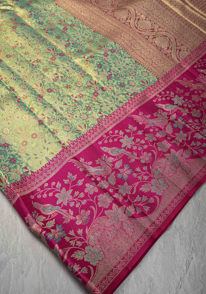 Green Tissue Kanjivaram Silk Saree with Meenakari Floral Brocade Jaal and Contrast Parsi Gara Border | SILK MARK CERTIFIED