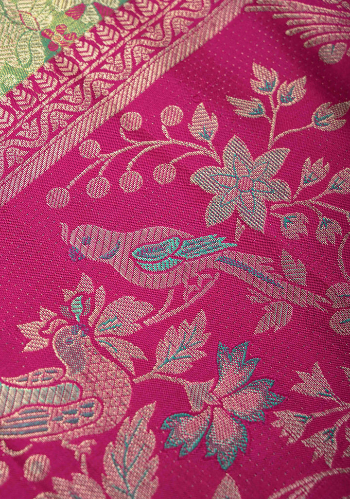 Green Tissue Kanjivaram Silk Saree with Meenakari Floral Brocade Jaal and Contrast Parsi Gara Border | SILK MARK CERTIFIED