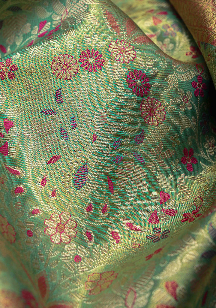 Green Tissue Kanjivaram Silk Saree with Meenakari Floral Brocade Jaal and Contrast Parsi Gara Border | SILK MARK CERTIFIED