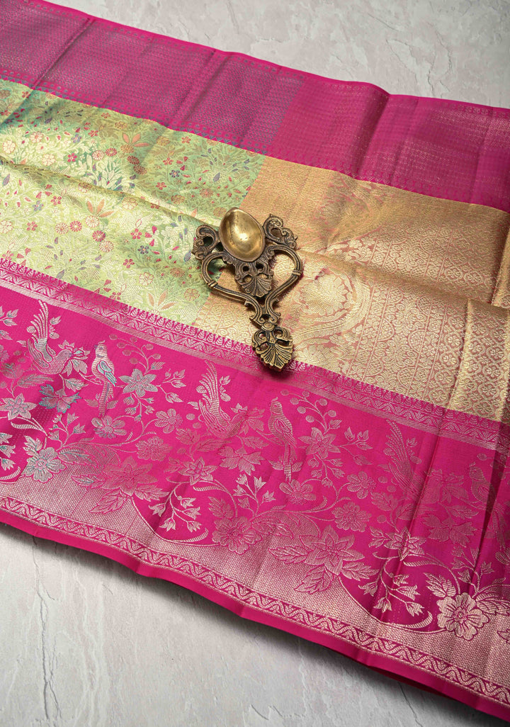 Green Tissue Kanjivaram Silk Saree with Meenakari Floral Brocade Jaal and Contrast Parsi Gara Border | SILK MARK CERTIFIED